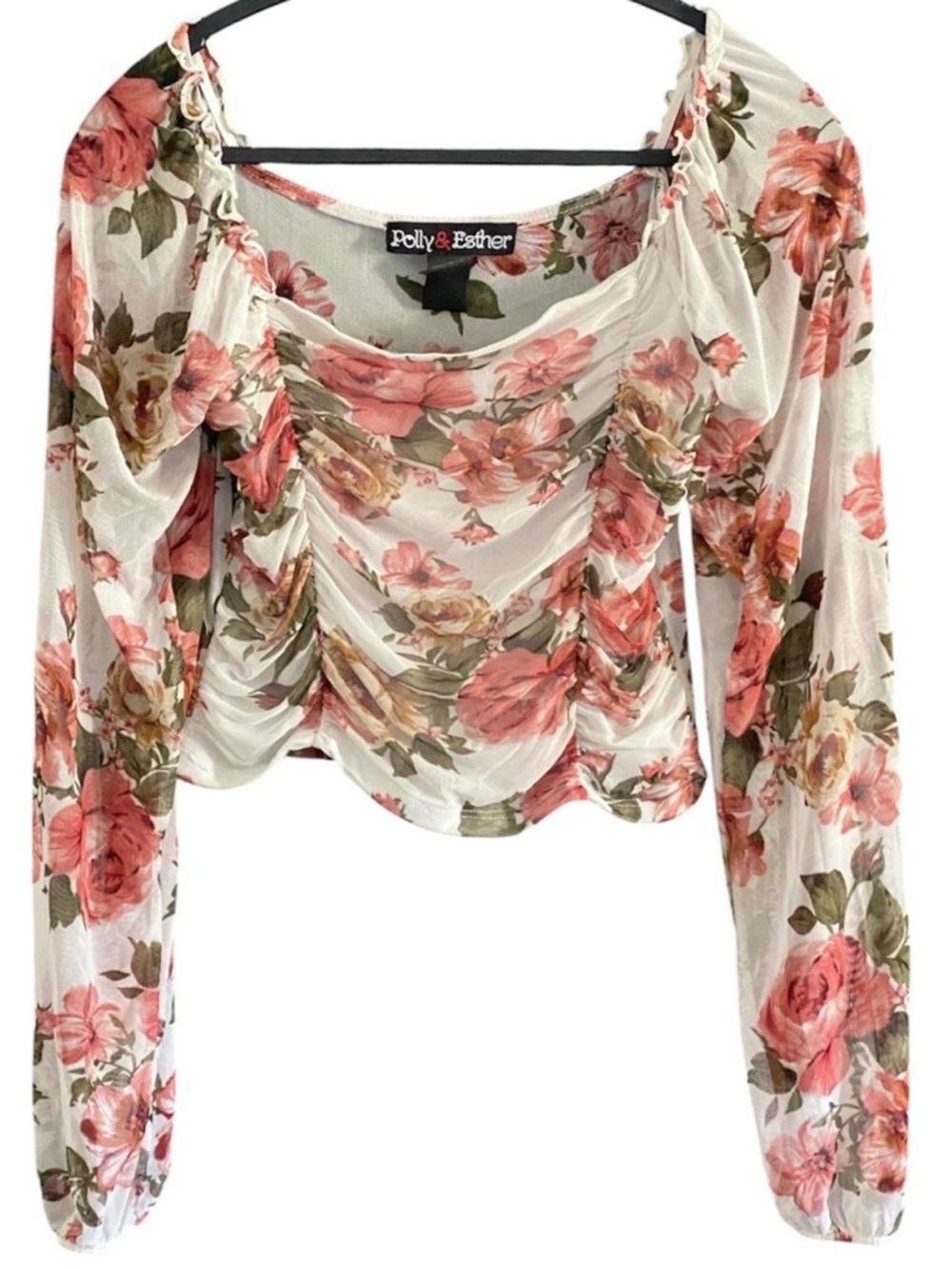 Floral Mesh Ruched Crop Top M Sheer Long Sleeve Y2K Coquette Fairycore Romantic - Picture 2 of 8